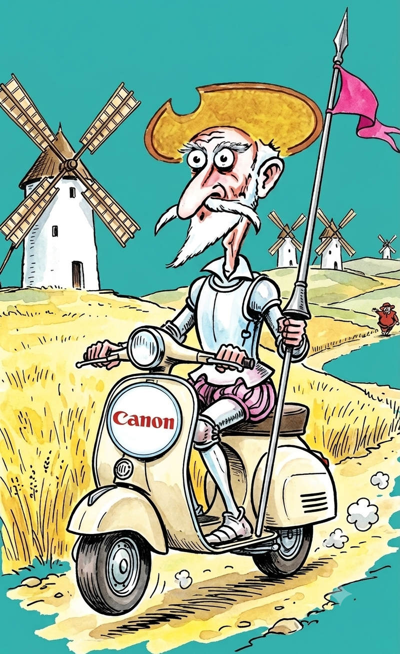 Don Quijote en una Vespa del Centro de Copias Canon frente a los molinos
